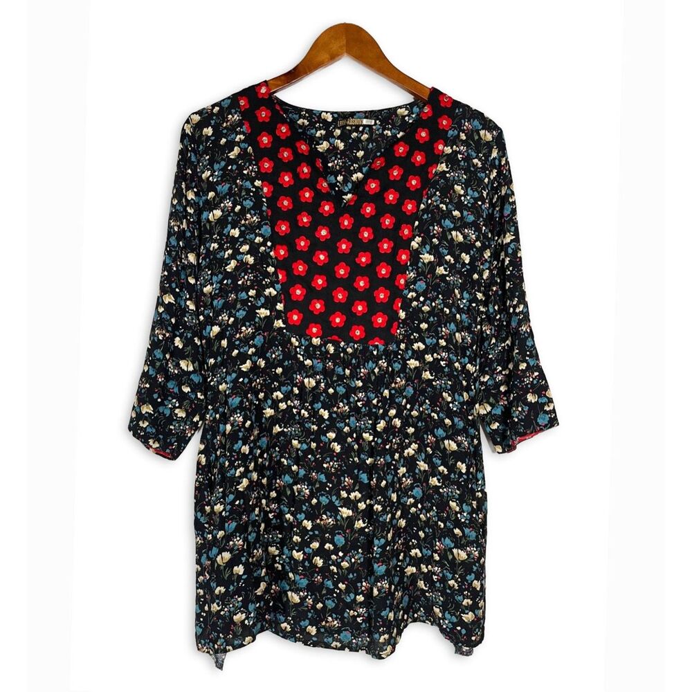 Floral Patchwork Tunic Blouse Dress Boho Cottagecore Artsy Size M